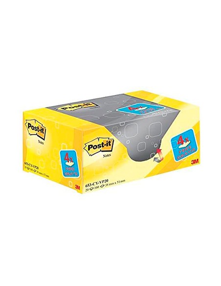 Bloc de notas adhesivas quita y pon post-it amarillo canario 76x127 mm pack promocional 16+4 gratis