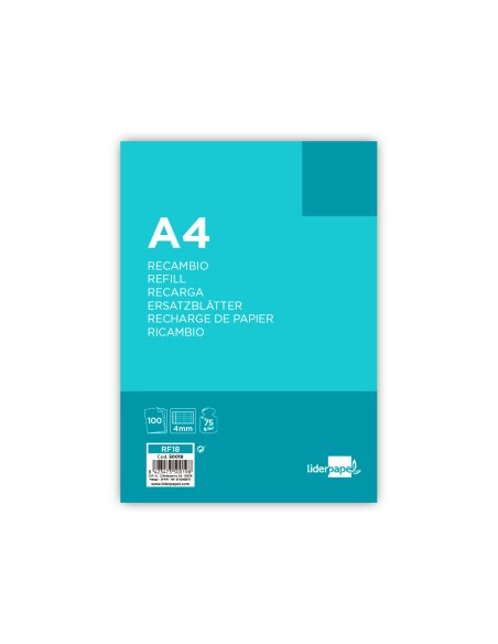 Recambio liderpapel a4 100 hojas 75gr cuadro 4mm con margen 4 taladros