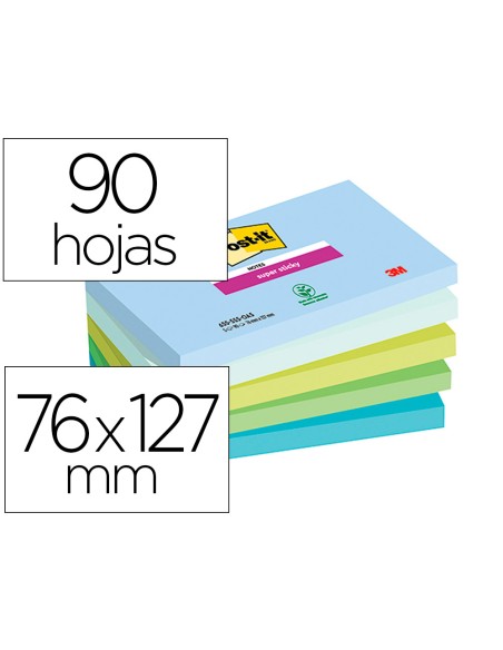 Bloc de notas adhesivas quita y pon post-it super sticky oasis 76x127 mm 90 hojas 100% pefc pack de 5 unidades