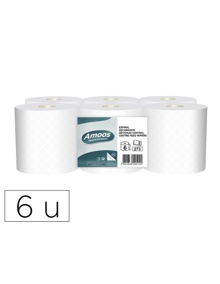 Papel secamanos amoos industrial 2 capas 32g/m2 blanco 90 m paquete de 6 rollos