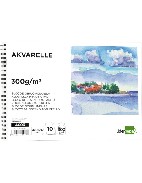 Bloc dibujo liderpapel acuarela espiral 297x420mm 10 hojas 300g/m2 sin recuadro