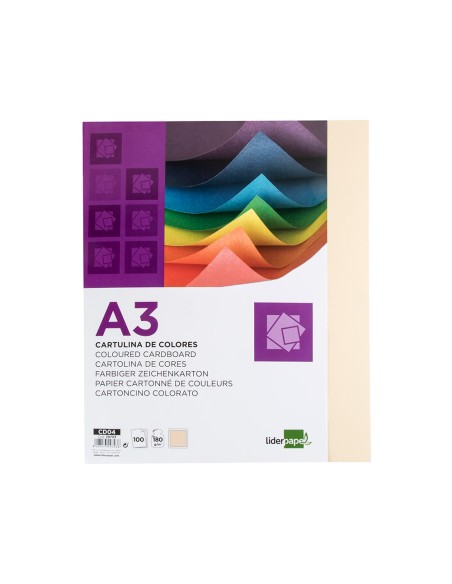 Cartulina liderpapel a3 180g/m2 crema paquete de 100 hojas