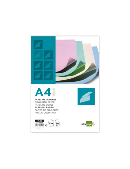 Papel color liderpapel a4 80gr 4 colores surtidos paquete de 100 hojas