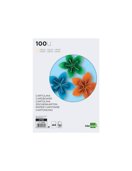 Cartulina liderpapel a4 180g/m2 crema paquete de 100 hojas