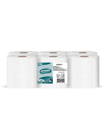 Papel secamanos amoos industrial 2 capas 32g/m2 celulosa blanco 60 m paquete de 6 bobinas