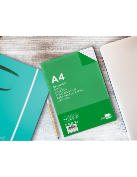 Recambio liderpapel a4 100 hojas 60gr cuadro 4mm con margen sin taladros