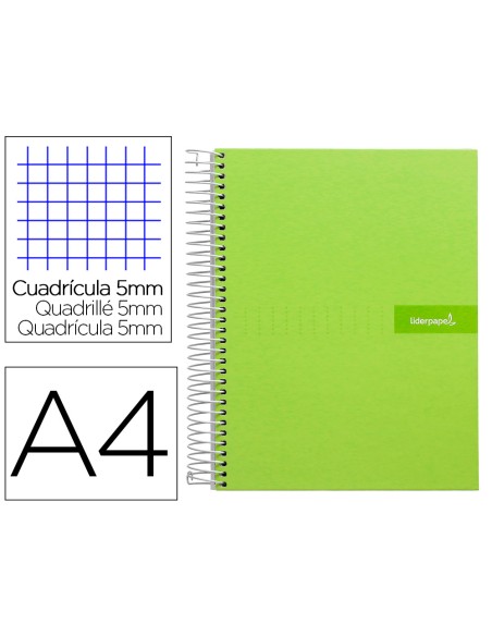 Cuaderno espiral liderpapel a4 micro crafty tapa forrada 120h 90gr cuadro 5mm 5 bandas 4 colores color verde