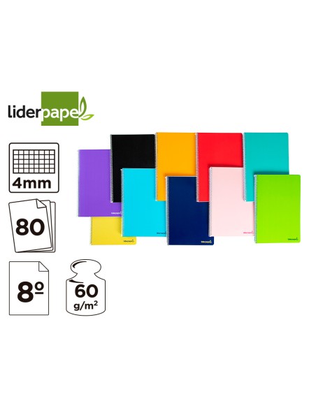 Cuaderno espiral liderpapel bolsillo octavo smart tapa blanda 80h 60gr cuadro 4mm colores surtidos
