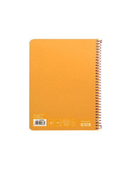 Cuaderno espiral liderpapel cuarto witty tapa dura 80h 75gr cuadro 4mm con margen color naranja