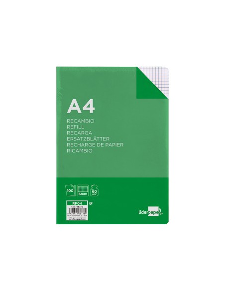 Recambio liderpapel a4 100 hojas 60g/m2 cuadro 6 mm 4 taladros con margen