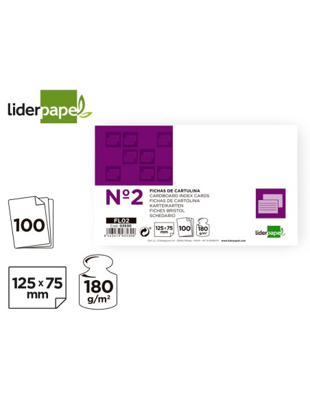 Ficha liderpapel lisa nº2 75x125mm 180gr paquete de 100 unidades