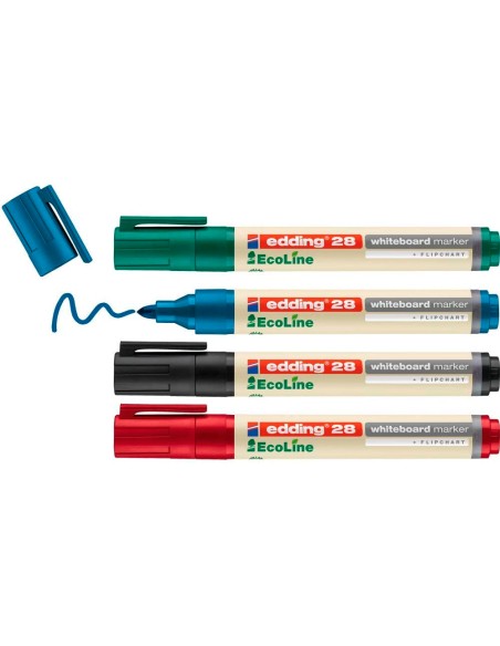 Rotulador edding 28 para pizarra blanca ecoline 90% reciclado bolsa 4 colores surtidos punta redonda 1,5-3