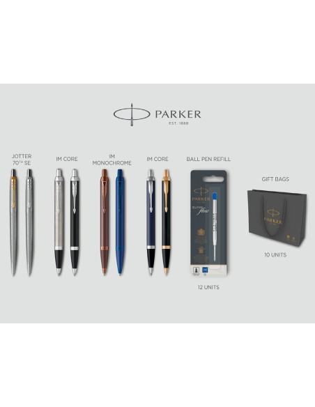 Lote boligrafos parker promocional 2024 contenido 6+2 gratis + 12 recambios + 10 bolsas de regalo