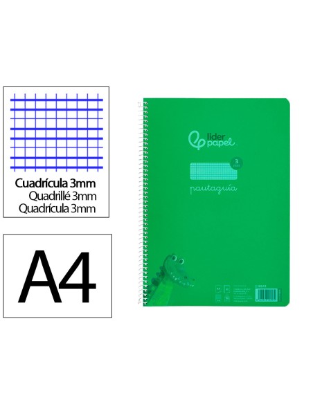 Cuaderno espiral liderpapel a4 pautaguia tapa plastico 80h 90gr cuadro pautado 3mm con margen color verde