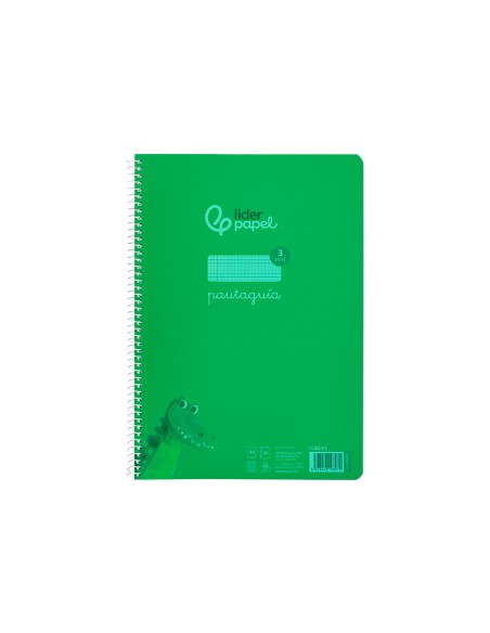 Cuaderno espiral liderpapel a4 pautaguia tapa plastico 80h 90gr cuadro pautado 3mm con margen color verde