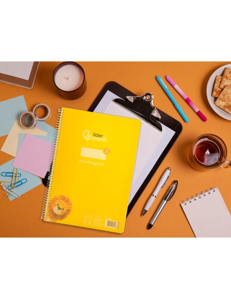 Cuaderno espiral liderpapel a4 pautaguia tapa plastico 80h 90gr cuadro pautado 3mm con margen color amarillo