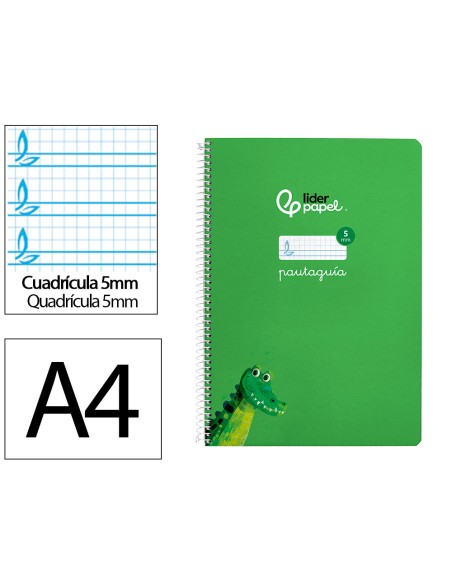 Cuaderno espiral liderpapel a4 pautaguia tapa dura 80h 90gr cuadro pautado 5mm color verde