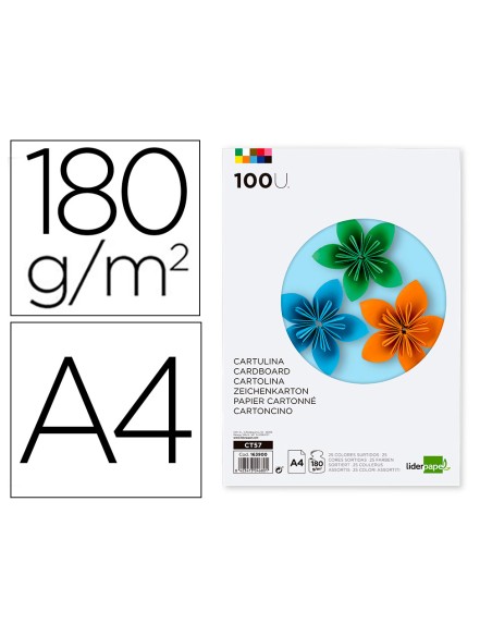 Cartulina liderpapel a4 180g/m2 25 colores surtidos paquete de 100 hojas
