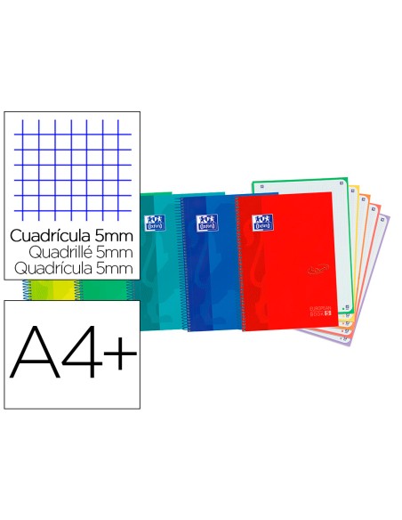 Cuaderno espiral oxford ebook 5 tapa extradura din a4+ 120 h microperforadas cuadro 5 mm colores vivos surtidos