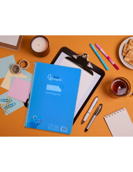 Cuaderno espiral liderpapel a4 pautaguia tapa plastico 80h 90gr cuadro pautado 3mm con margen color azul