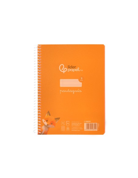 Cuaderno espiral liderpapel a5 pautaguia tapa plastico 80h 90gr cuadro pautado 3mm color naranja