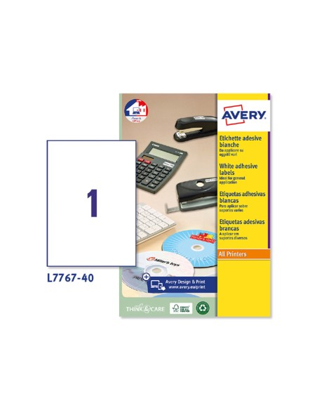 Etiqueta adhesiva avery blanca brillante laser 210x297 mm caja de 40 unidades