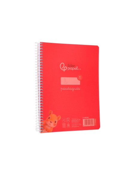 Cuaderno espiral liderpapel a5 pautaguia tapa plastico 80h 90gr cuadro pautado 4mm con margen color rojo