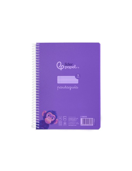 Cuaderno espiral liderpapel a5 pautaguia tapa plastico 80h 90gr cuadro pautado 3 mm con margen color lila