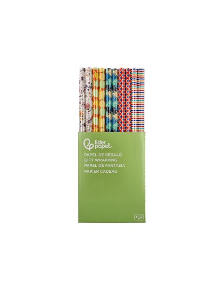 Papel de regalo liderpapel todo año rollo ancho 70 cm longitud 2 mt gramaje 60 gr diseños surtidos b-2025