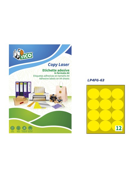 Etiqueta adhesiva tico amarill o fluorescentes permanente fsclaser/inkjet/fotocopia redonda63,5 mm caja de 840 unidades