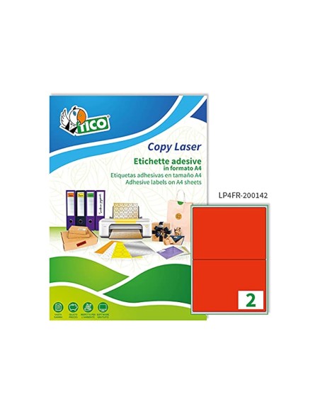 Etiqueta adhesiva tico rojo fl uorescentes permanente fsc laser/inkjet/fotocopia 200x142 mmcaja de 140 unidades