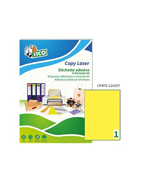 Etiqueta adhesiva tico amarill o fluorescentes permanente fsclaser/inkjet/fotocopia 210x297mm caja de 70 unidades