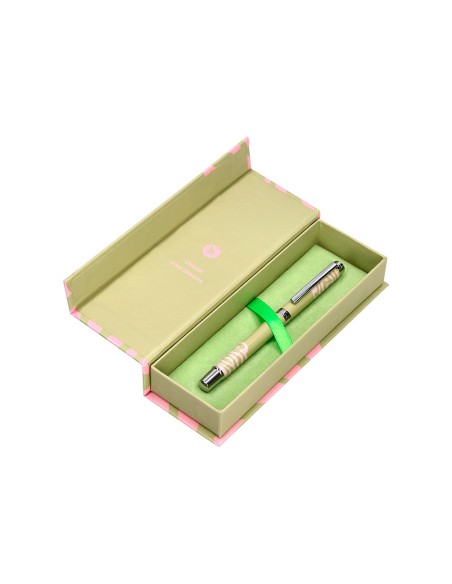 Roller belius ink dreams aluminio color verde matcha y rosa plateado frase interior tinta negra caja de diseño