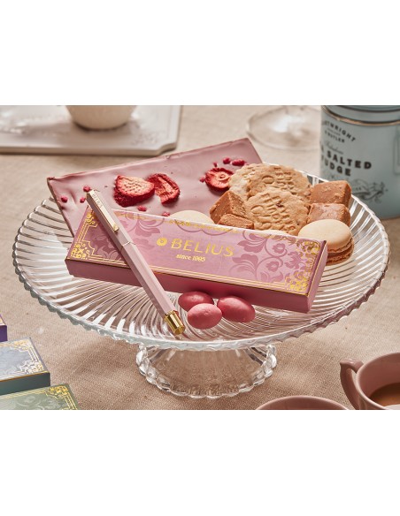 Boligrafo belius macaron bliss forma hexagonal color rosa y dorado tinta azul caja de diseño