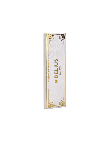 Boligrafo belius macaron bliss forma hexagonal color blanco y dorado tinta azul caja de diseño