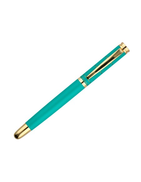 Boligrafo belius soiree aluminio color art deco turquesa y dorado tinta azul caja de diseño