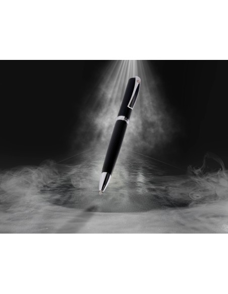 Boligrafo y estuche belius turbo aluminio textura punteada negro y plateado tinta azul caja de diseño