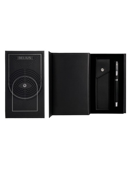 Pluma y estuche belius turbo aluminio textura punteada color negro y plateado tinta azul caja de diseño