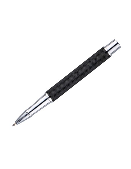 Boligrafo belius turbo aluminio textura punteada color negro y plateado tinta azul caja de diseño