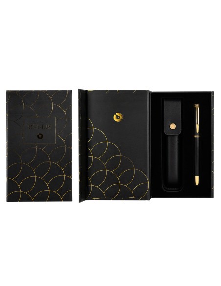 Boligrafo y estuche belius passion dor aluminio textura cepillada color negro y dorado tinta azul caja diseño