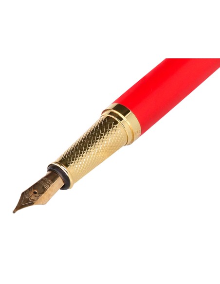 Pluma y estuche cuero belius passion dor aluminio textura cepillada color rojo y dorado tinta azul caja de diseño