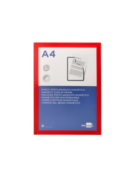 Marco porta anuncios liderpapel magnetico din a4 dorso adhesivo removible color rojo