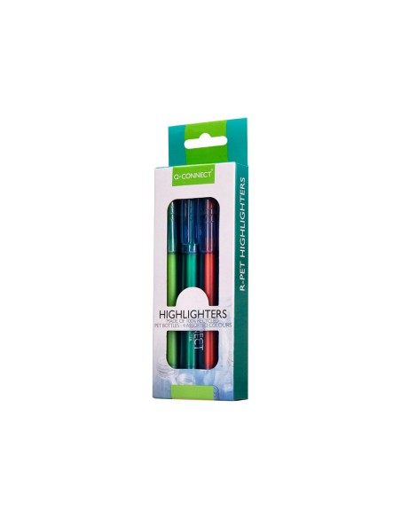 Rotulador q-connect fluorescente punta biselada fabricado pet reciclado caja de 4 unidades colores surtidos
