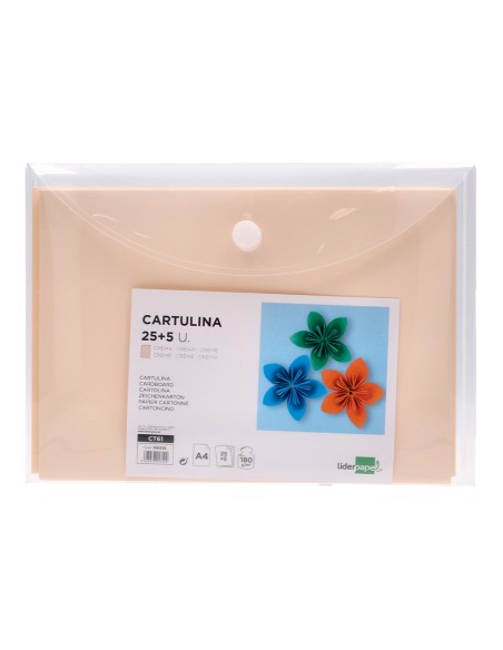 Cartulina liderpapel a4 180g/m2 crema paquete de 25+5 hojas en carpeta dossier transparente con cierre velcro