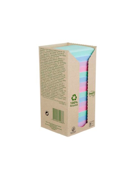 Bloc de notas adhesivas quita y pon post-it 76x76 mm 100% reciclada pefc en torre pack de 16 unidades colores