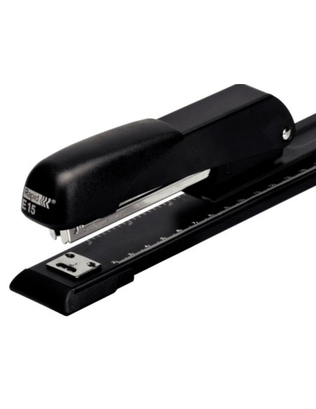 Grapadora rapid e15 metalica brazo largo capacidad 20 hojas usa grapas 24/6 y 26/26 color negro