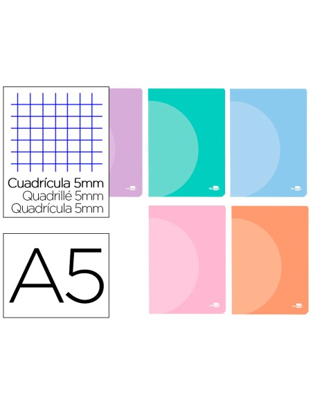 Libreta liderpapel 360 tapa de plastico a5 48 hojas 90gr cuadro 5 mm con doble margen colores pastel