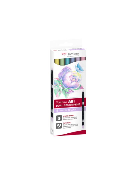 Rotulador tombow abt dual brush acuarelable doble punta fina/pincel estuche de 6 colores pastel