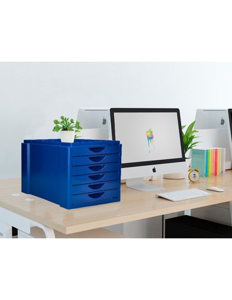 Fichero cajones de sobremesa q-connect bandeja organizadora superior 6 cajones color azul opaco