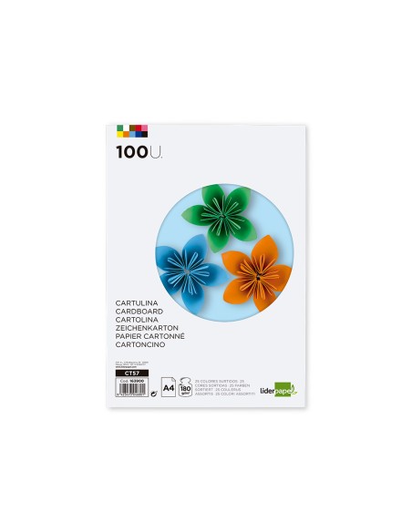 Cartulina liderpapel a4 180g/m2 25 colores surtidos paquete de 100 hojas